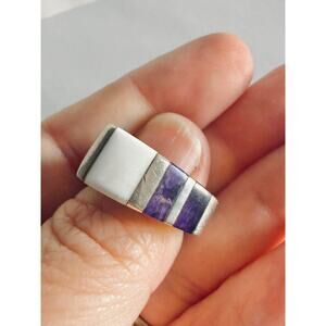 VTG 925 Sterling Silver Geometric Inlay Ring Purple White Band Size 5